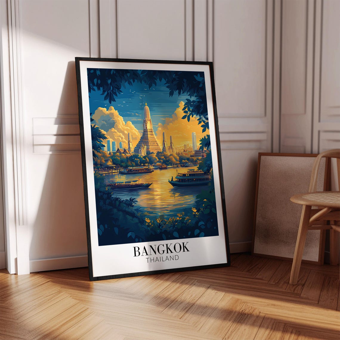 Bangkok Wat Arun Riverside Sunset Boats Golden Sky Travel Poster - Image 3