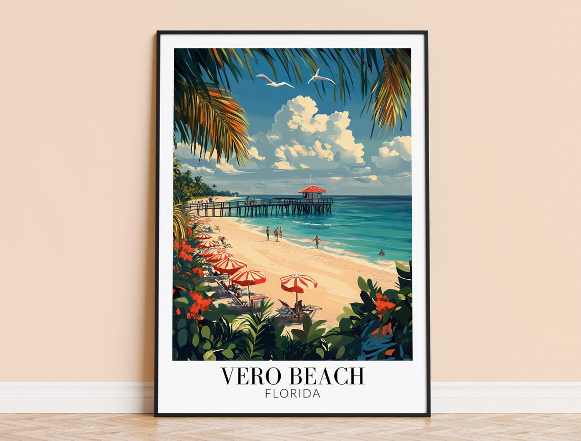Vero Beach Florida Palm Trees Pier And Umbrellas Travel Poster