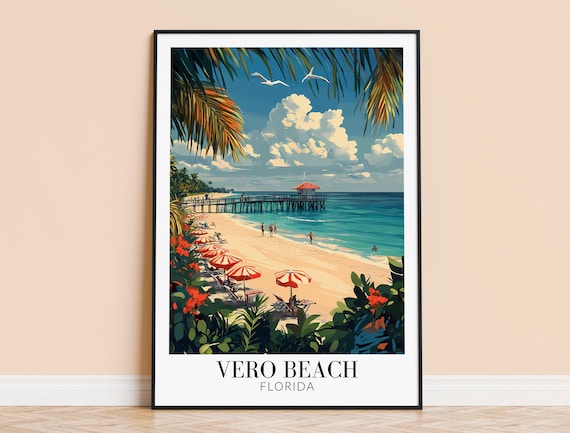 Vero Beach Florida Palm Trees Pier And Umbrellas Travel Poster