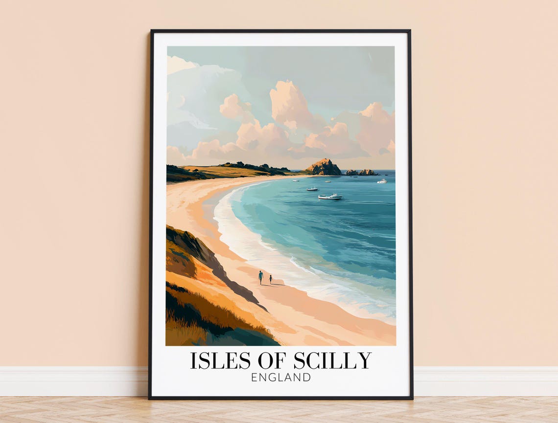 Isles of Scilly England Beach Walkers Boats Peaceful Cove Poster