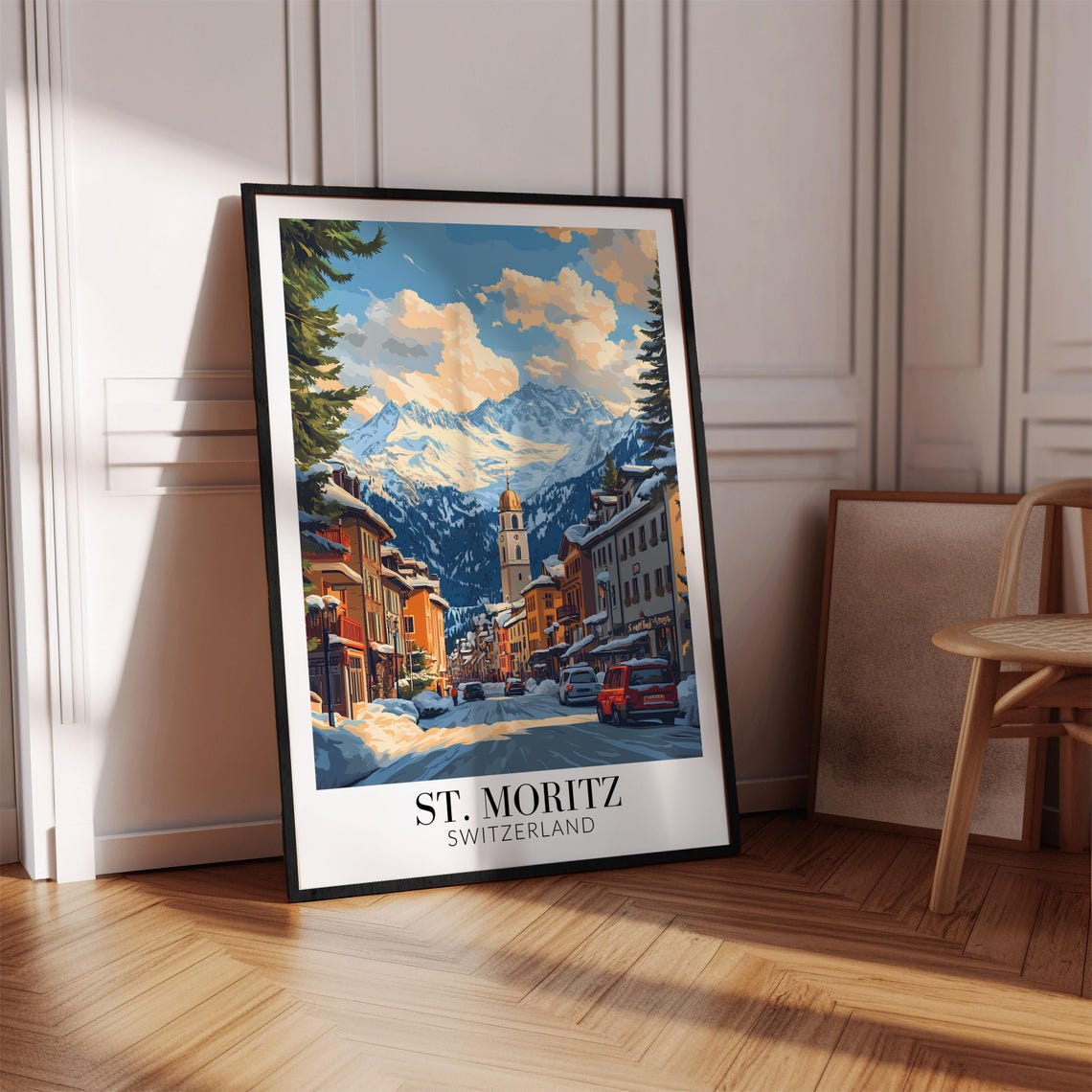 St Moritz Snowy Alpine Main Street Church Winter Travel Poster - Image 4