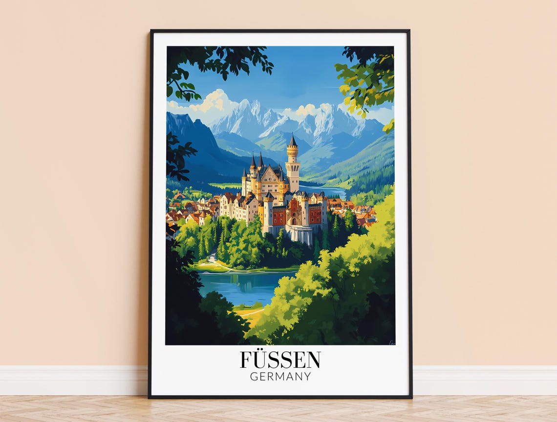 Fussen Germany Fairytale Castle Alpine Lake Vintage Travel Poster
