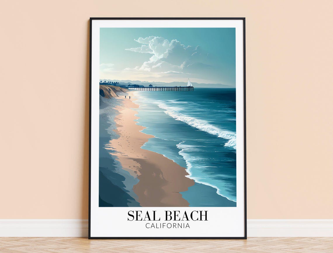 Seal Beach California Aerial Shore Teal Waves Sailboat Art Poster