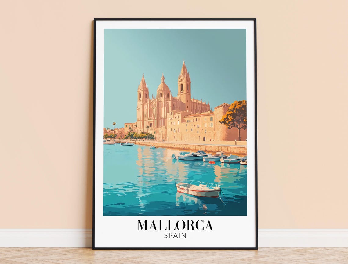 Mallorca Spain Daytime Harbor Poster With Cathedral and Sailboats