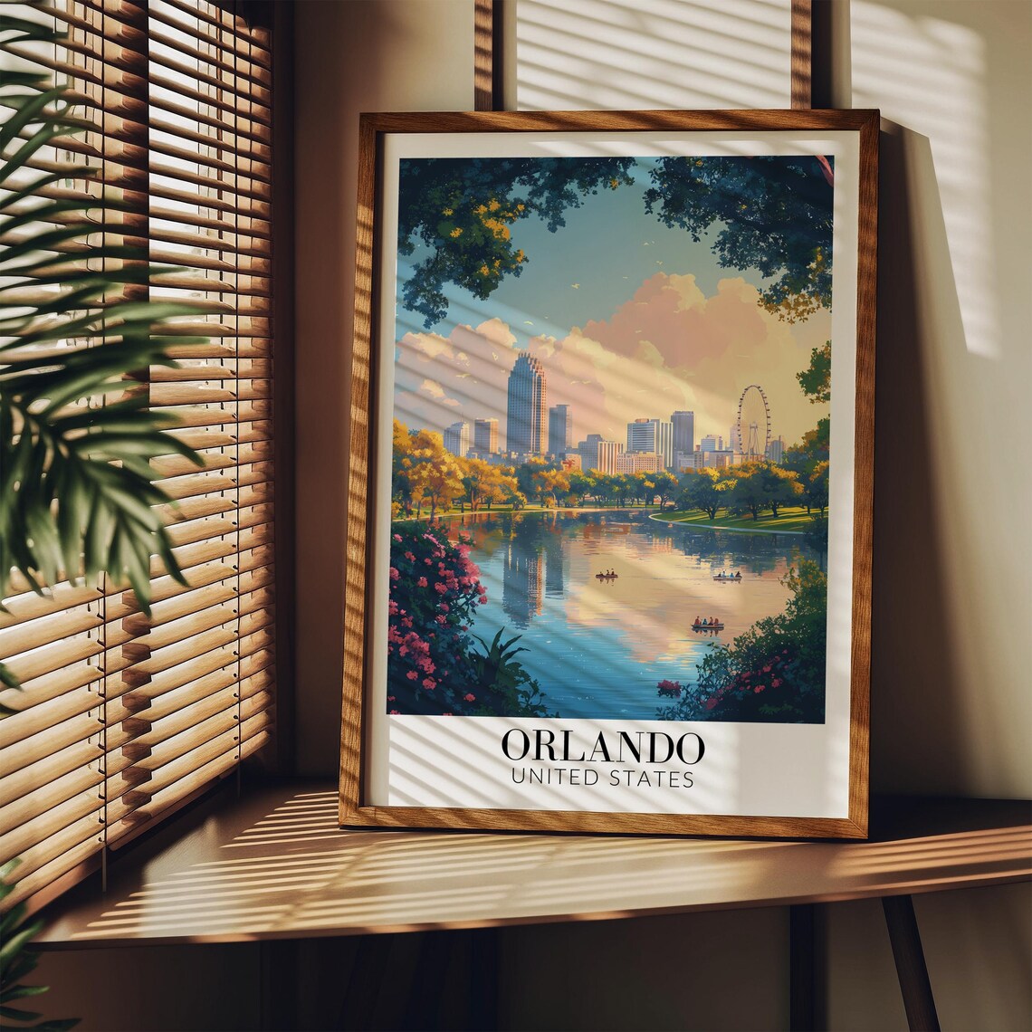 Orlando Downtown Ferris Wheel Lake Sunset Boats Travel Poster - Image 3