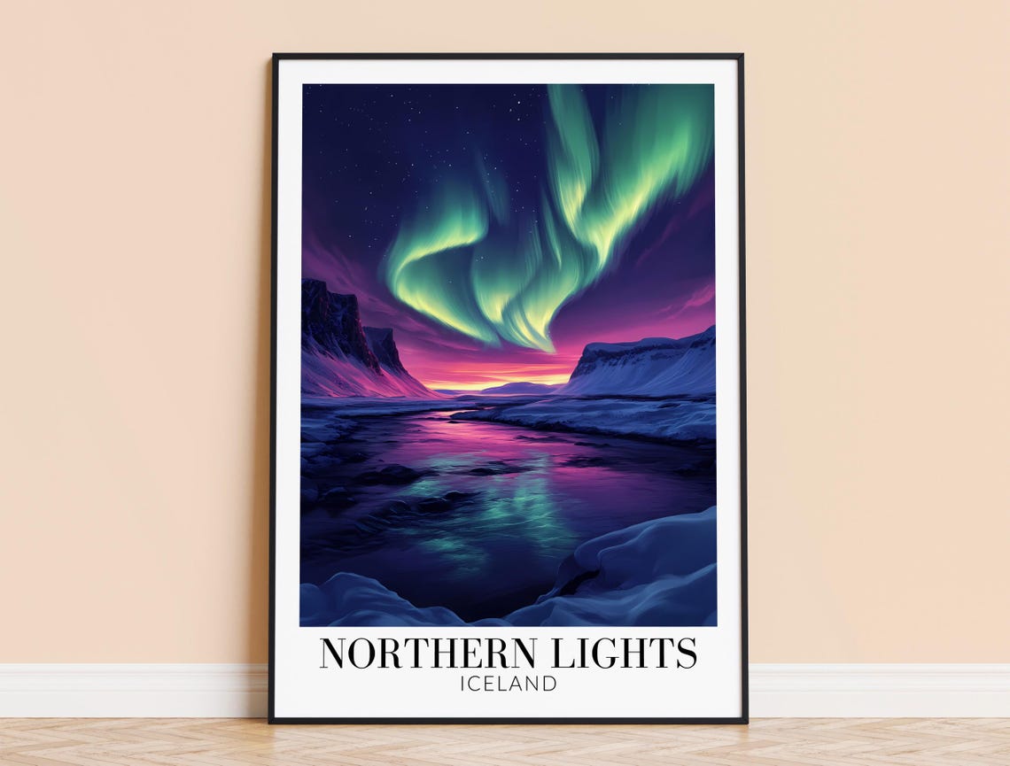 Iceland Northern Lights Aurora Waves Over Rocky Snow Coast Poster