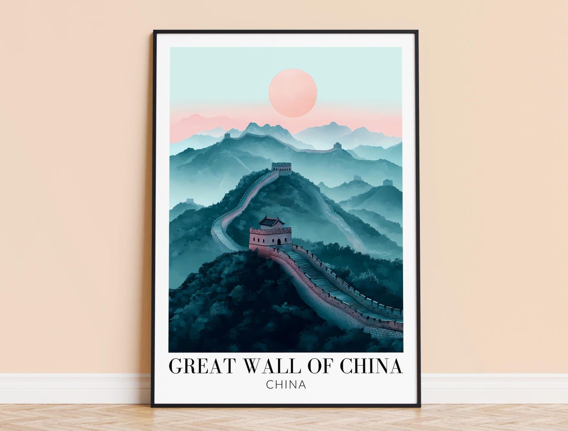 Great Wall of China Misty Teal Mountains Pink Sun Travel Poster