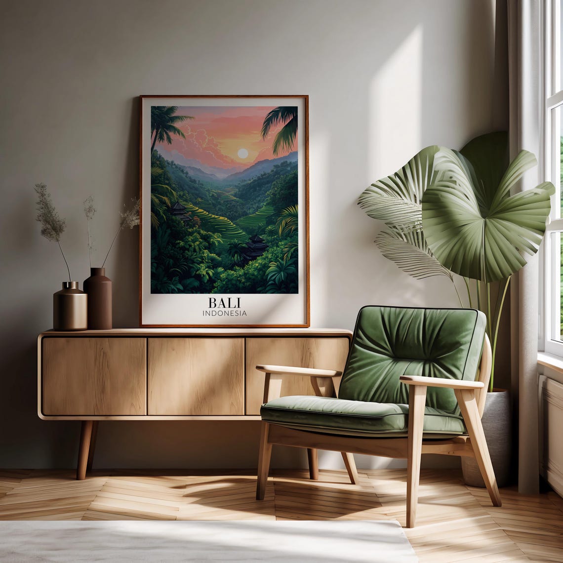 Bali Rice Terraces Sunset Jungle Temples Pink Sky Indonesia Poster - Image 2