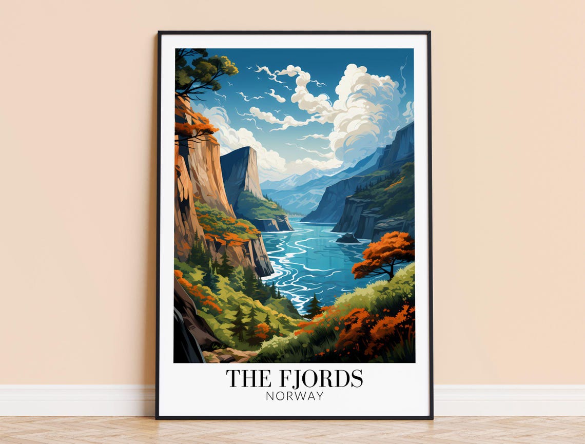 The Fjords Norway Dramatic Cliffs Sparkling Water Travel Poster
