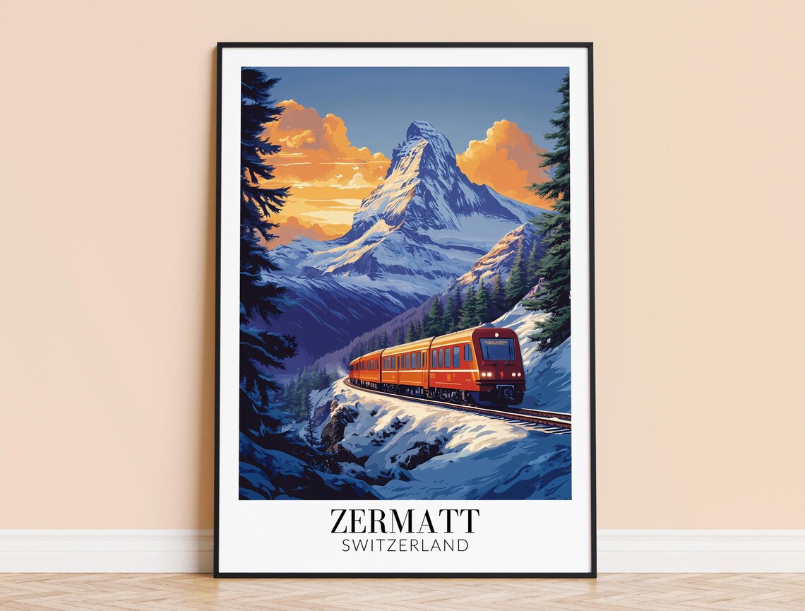 Zermatt Matterhorn Red Alpine Train Snowy Sunset Travel Poster