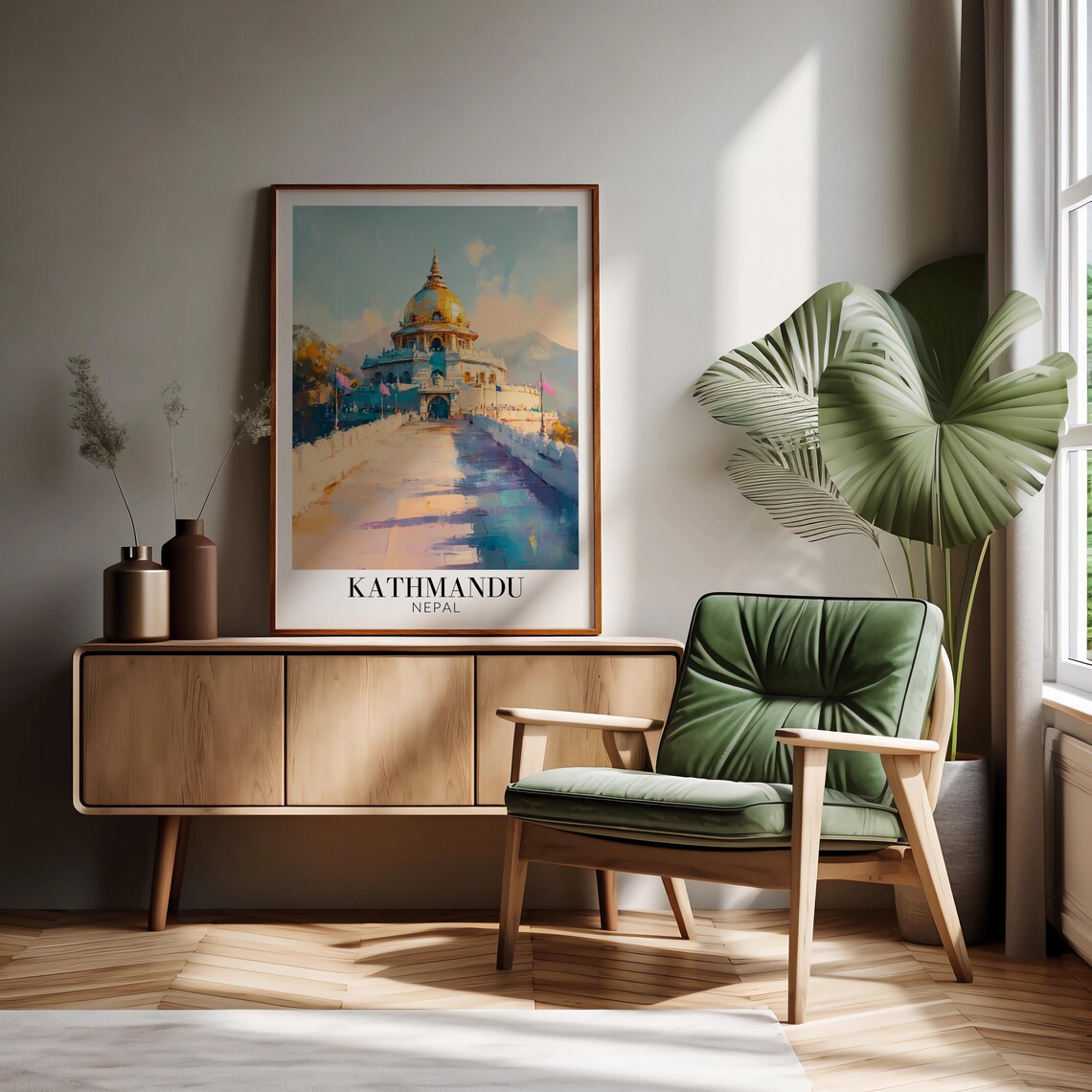 Kathmandu Nepal Golden Spire Stupa Sunlit Walkway Watercolor Poster - Image 2