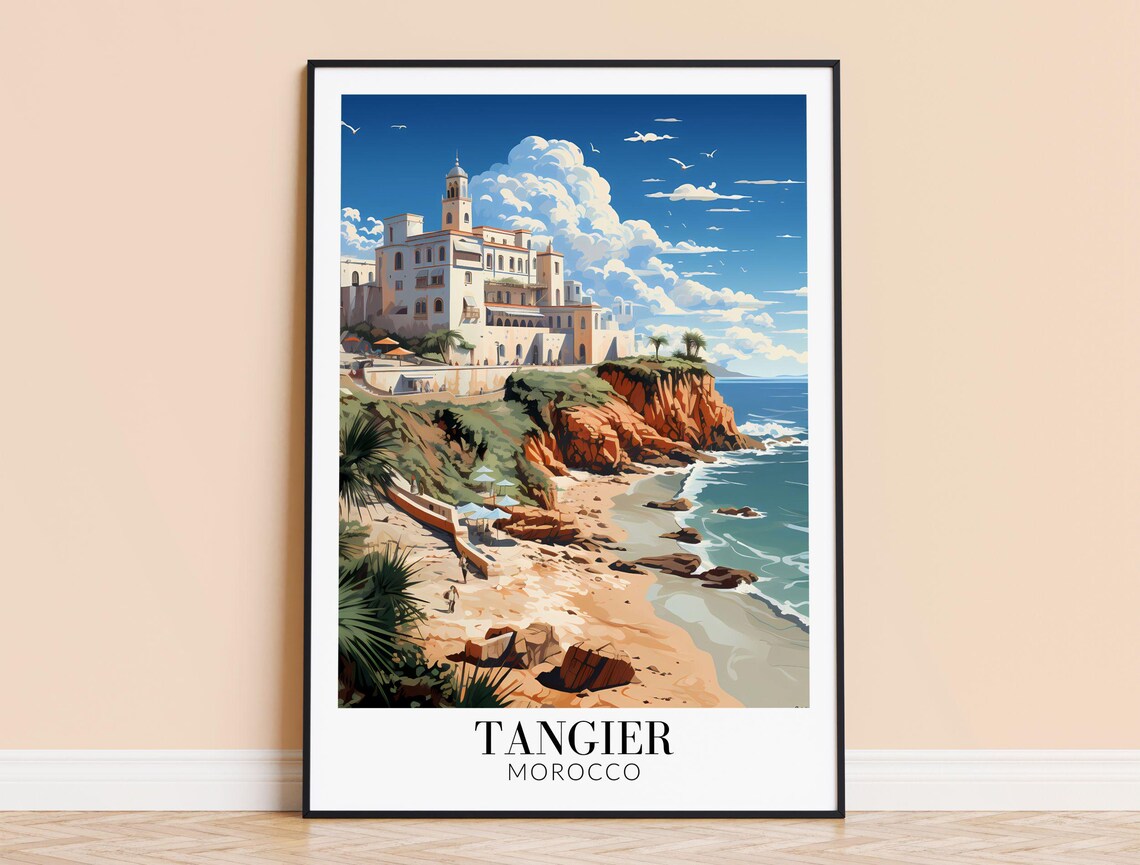 Tangier Morocco Travel Poster White Cliff Buildings Rocky Cove Beach Decor