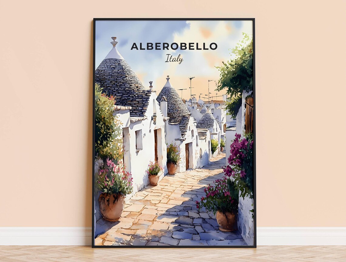 Alberobello Italy Trulli Cone Roof Houses Watercolor Travel Poster