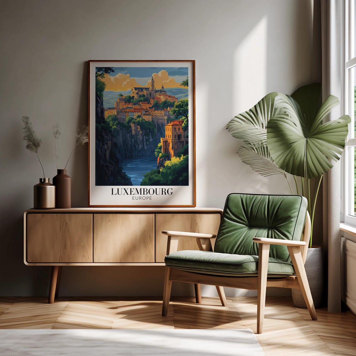 Luxembourg Europe Poster with Old Town on Cliffs above a River Gorge - Image 2