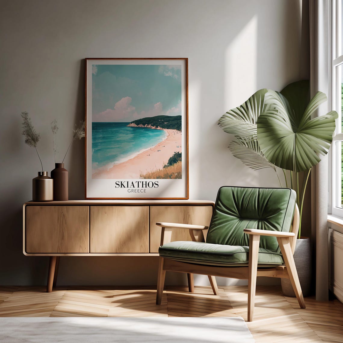 Skiathos Greece Sandy Beach Turquoise Bay Soft Pastel Travel Poster - Image 3