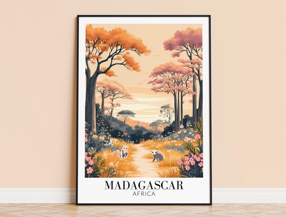 Madagascar Africa Baobab Trees Lemurs Blooming Path Travel Poster