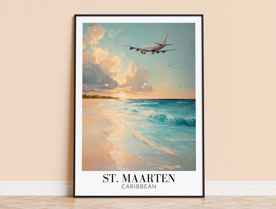 St Maarten Caribbean Maho Beach Plane Landing Sunset Travel Poster