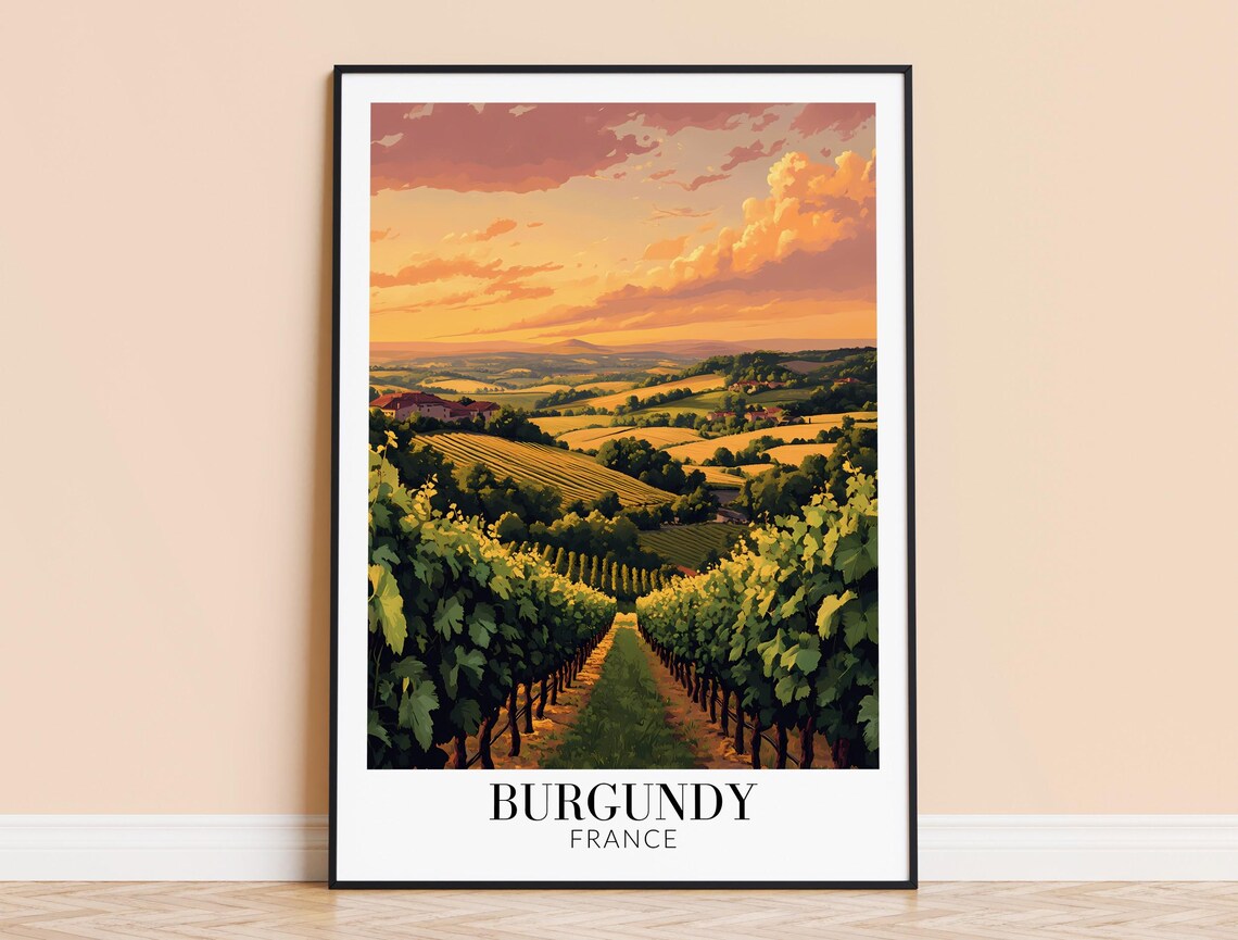 Burgundy France Sunset Vineyard Rows Golden Dusk Sky Art Print