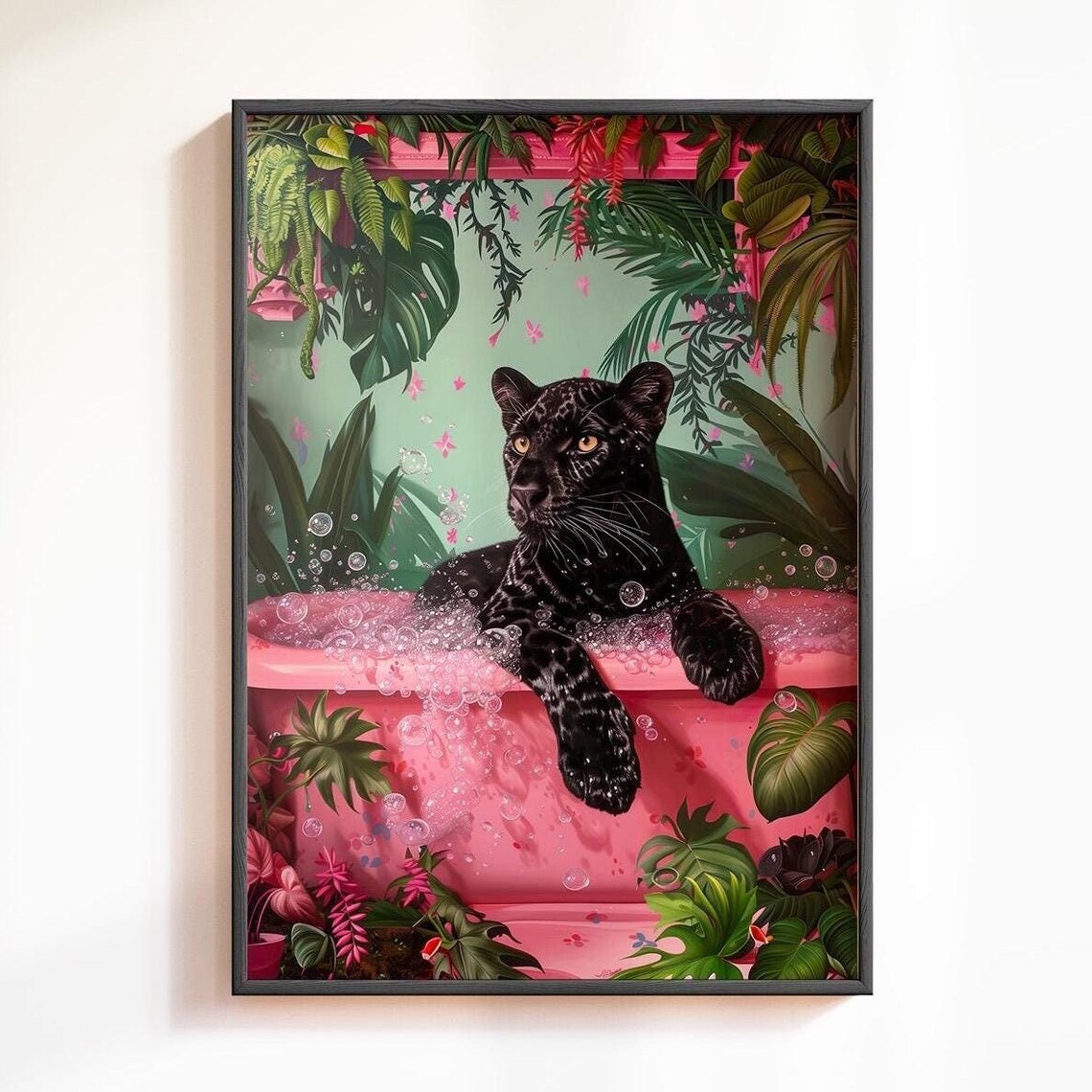 Black Leopard In Bathtub Art Print, Maximalist Decor