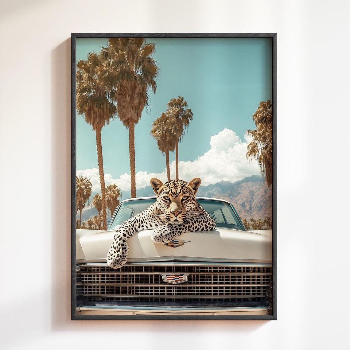 Leopard Draped Over White Cadillac Hood Beneath Palm Trees Poster