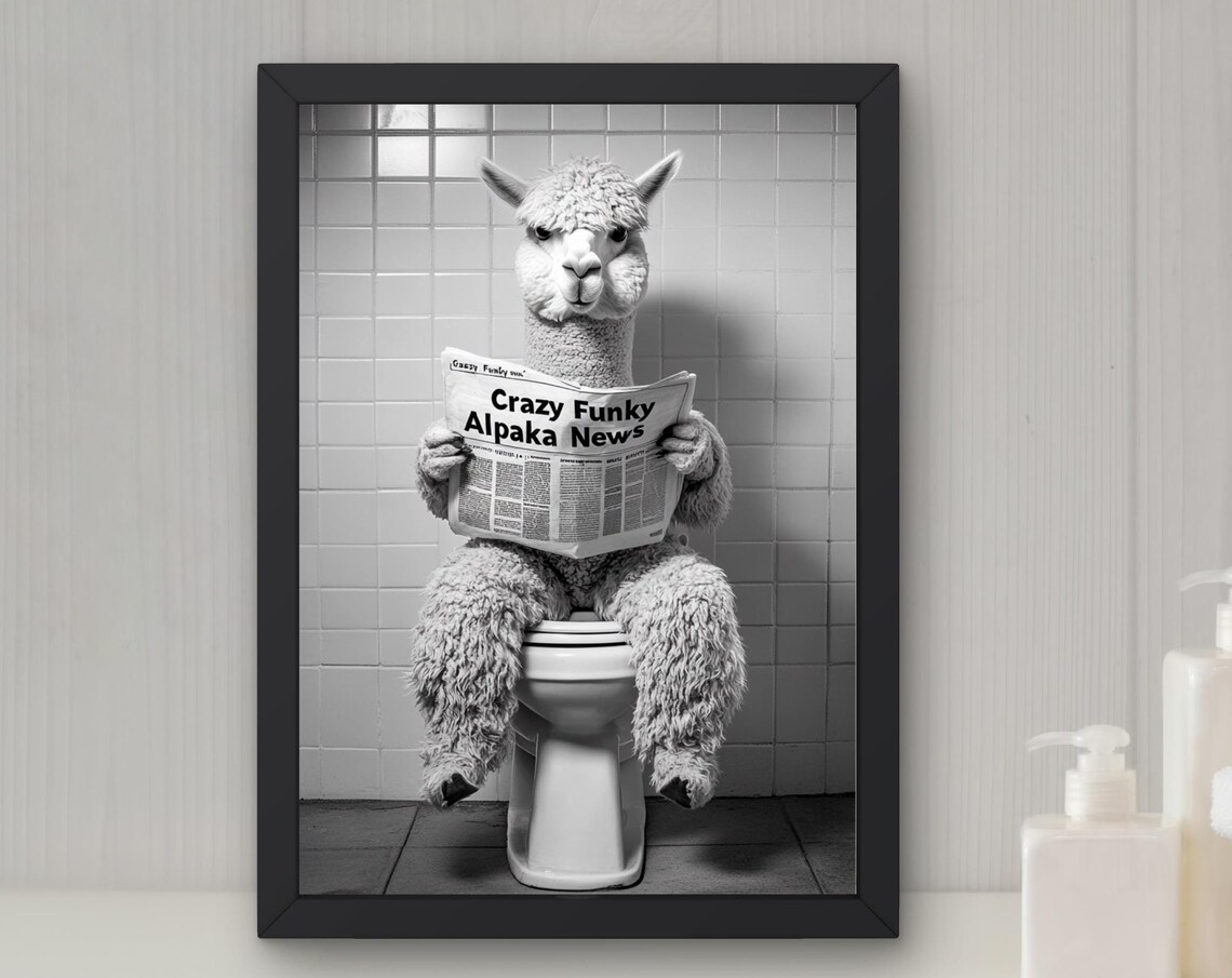 Alpaca Reading a Newspaper on the Toilet Funny Bathroom Poster