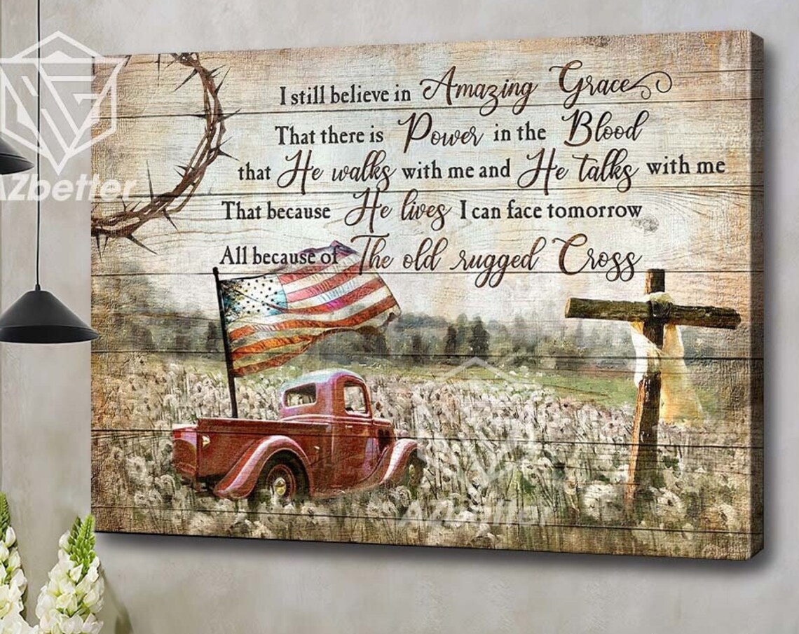 Amazing Grace Farmhouse Sign with Red Truck Flag and Wooden Cross Poster - Image 5