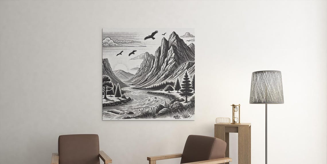 Mountain Wall Art Vintage Nature Print Black White Landscape Illustration Download