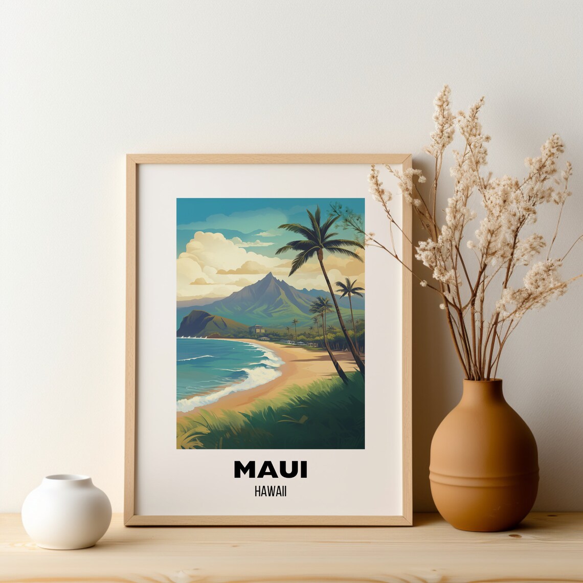 Maui Hawaii Golden Beach Palms And Mountain Coast Travel Poster - Image 2