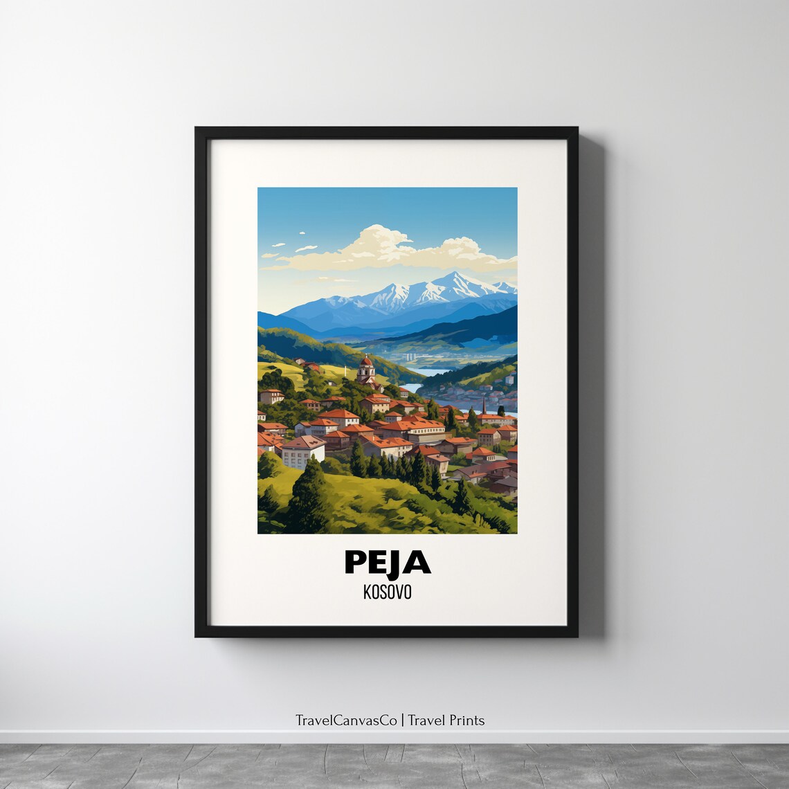 Peja Kosovo Mountain Town Red Rooftops Green Valley Travel Poster