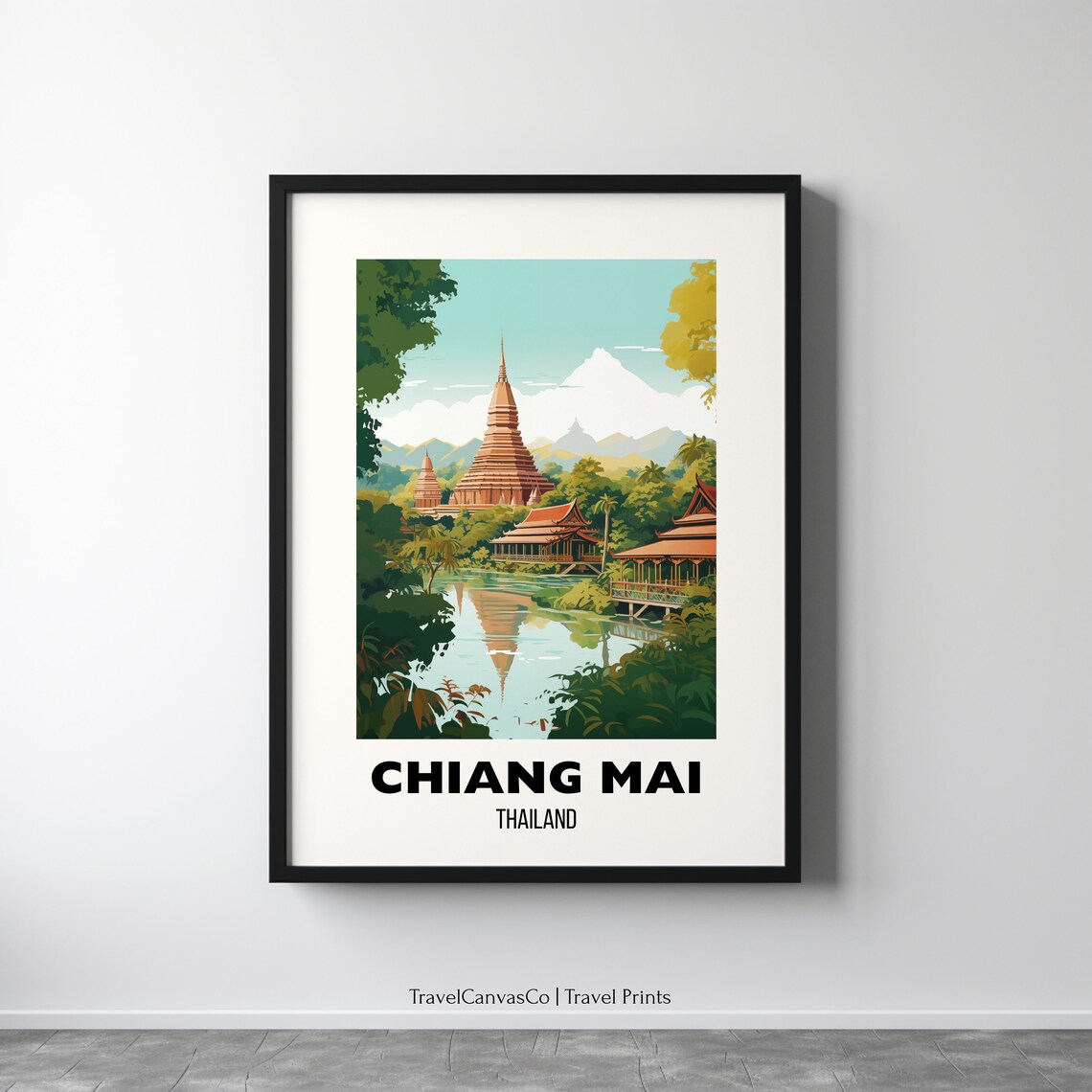 Chiang Mai Thailand Golden Temple Lake Reflection Travel Poster