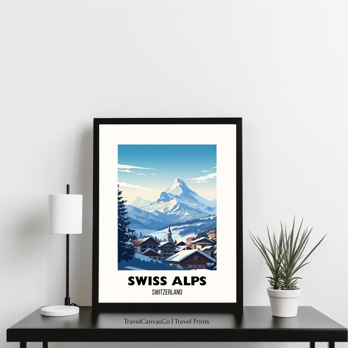 Swiss Alps Snowy Alpine Village and Towering Mountain Peak Poster - Image 3