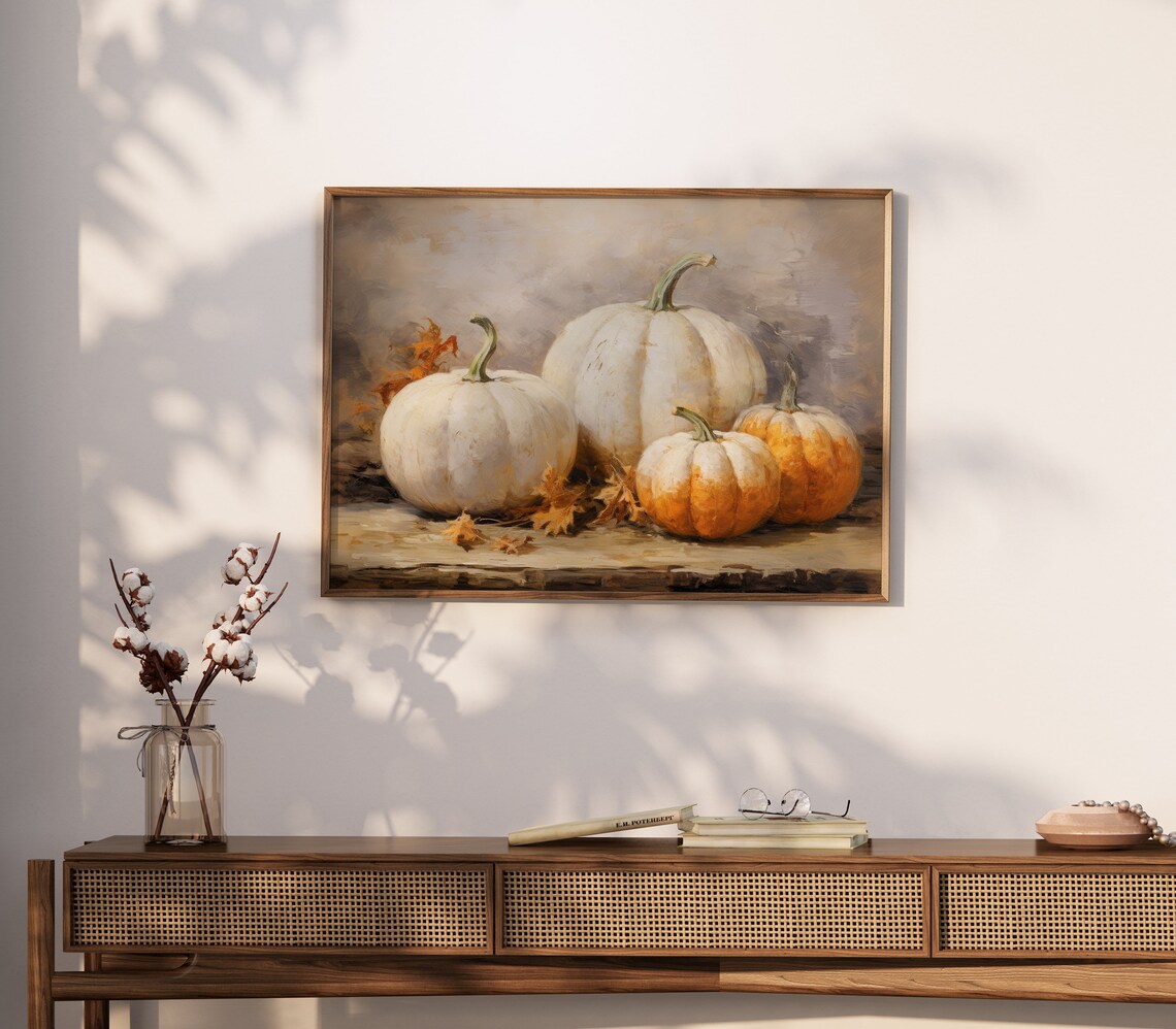 White And Orange Pumpkins Fall Harvest Still Life Art Poster - Image 2