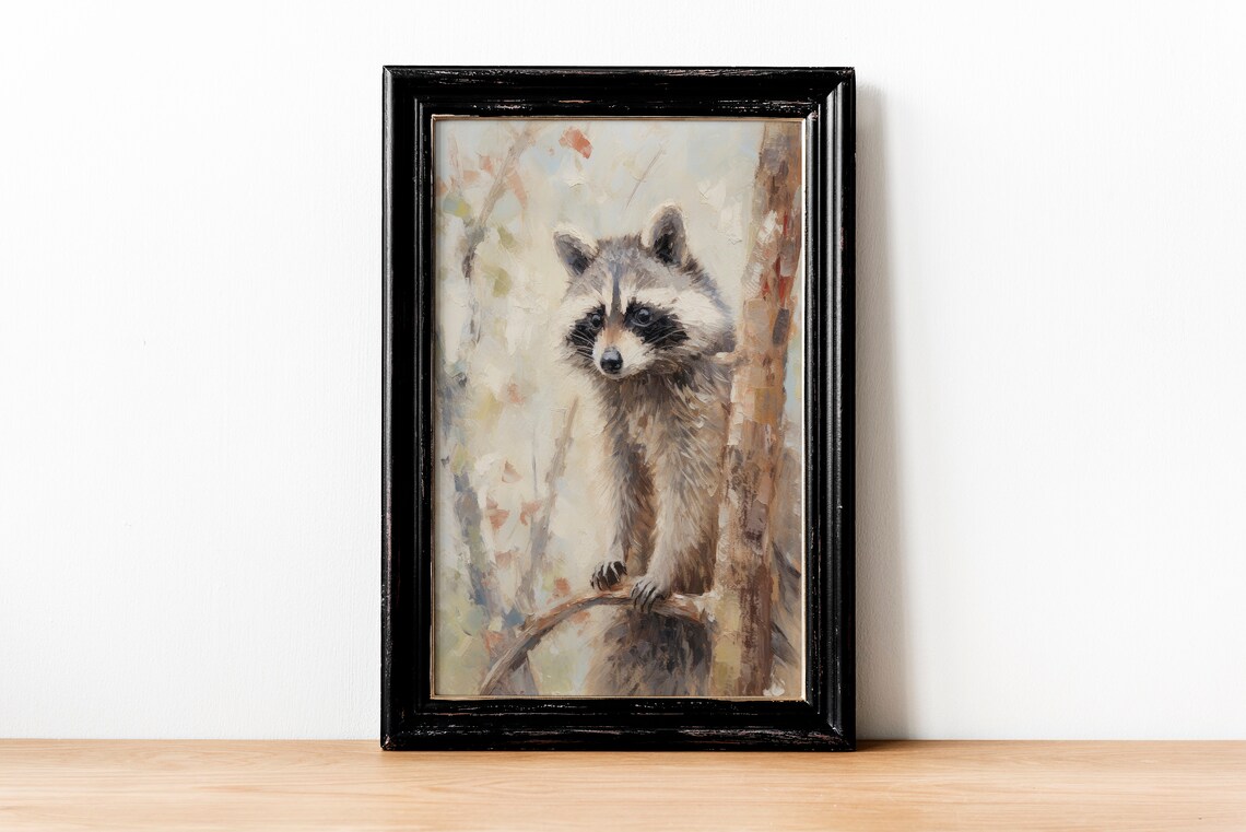 Muted Curious Raccoon in Autumn Woods Vintage Oil Painting Poster - Image 2