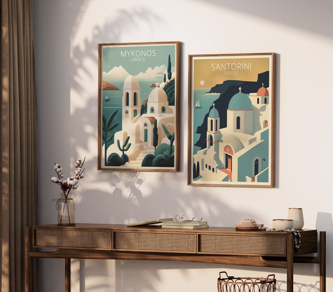 Santorini Greece Blue Dome Church Vintage Retro Travel Art Poster - Image 2