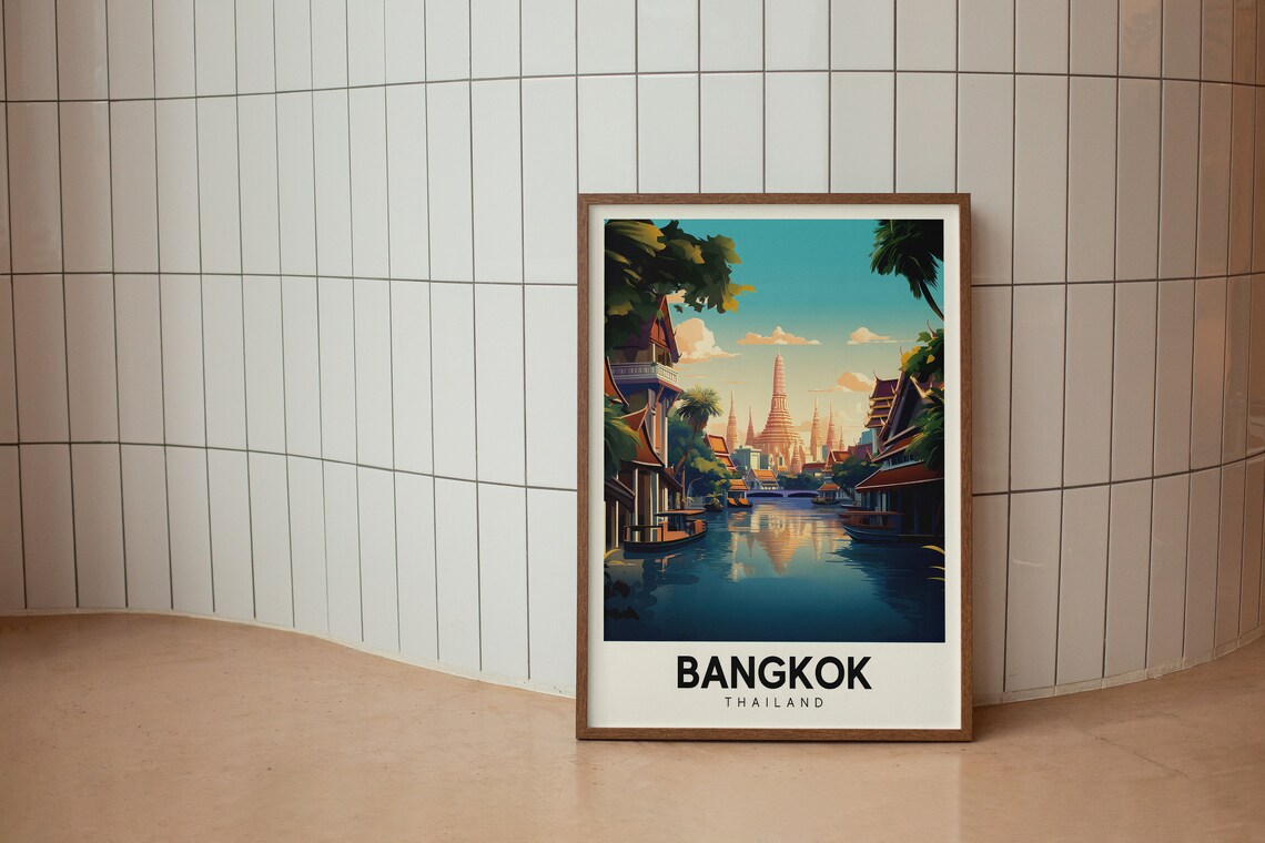 Bangkok Thailand Grand Colorful Retro Canal Temple Travel Poster - Image 2