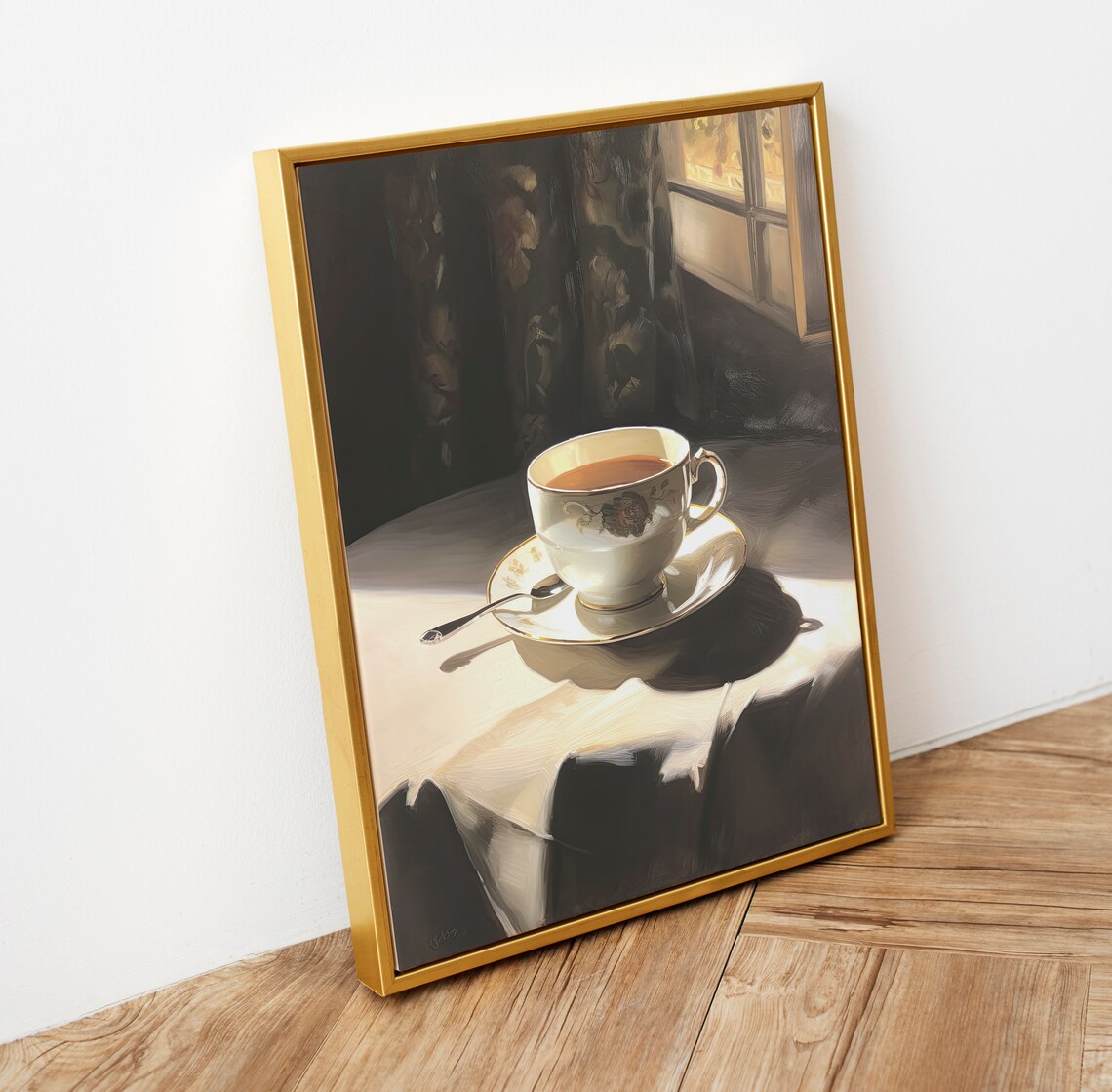 Sunlit Cup of Tea Moody Still Life Window Oil Painting Poster - Image 4
