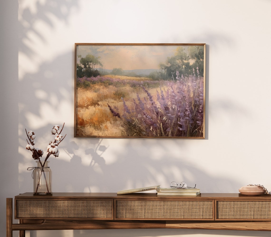 Lavender Field Sunset Impressionist Oil Painting Style Poster - Image 3