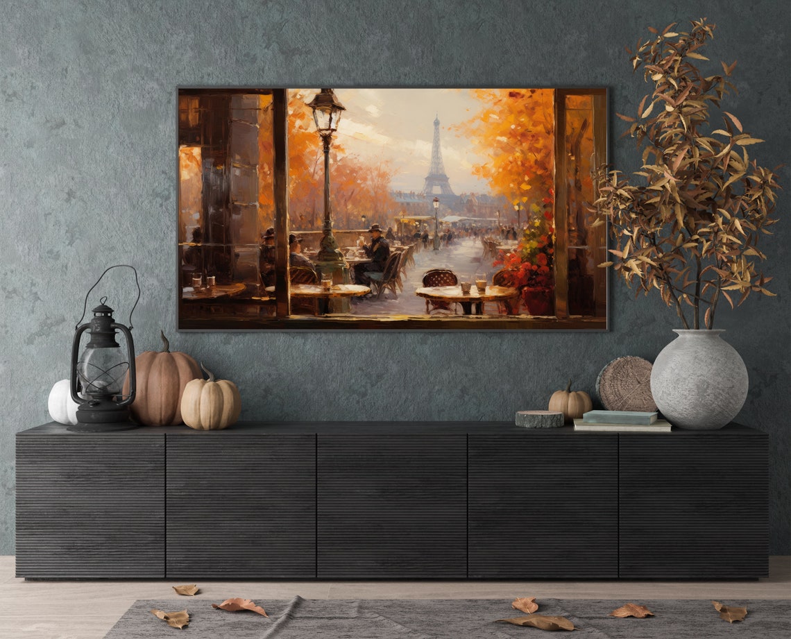 Paris Cafe With Eiffel Tower View Autumn Street Scene Poster - Image 4