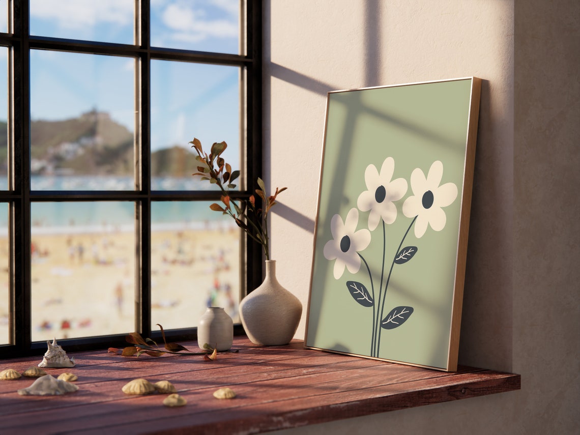 Three Cream Daisies On Sage Green Minimalist Floral Art Poster - Image 3
