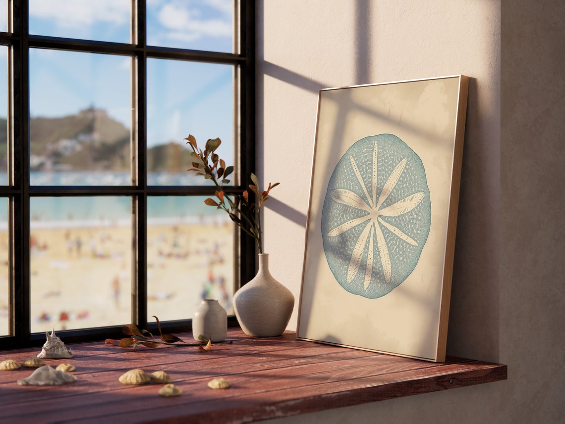 Vintage Sand Dollar Coastal Blue Beach Illustration Wall Poster - Image 2