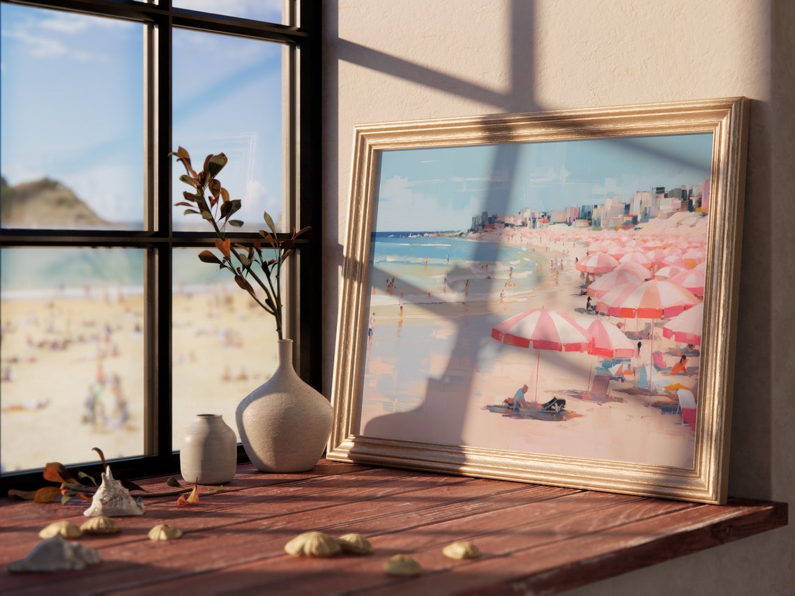 Pink Umbrellas Crowded Beach Pastel Seaside Coastal Summer Art Poster - Image 3