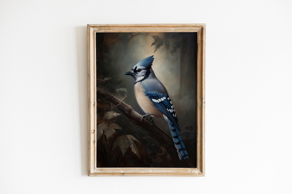 Vintage Blue Jay Oil Painting Moody Perched Bird Portrait Art Print - Image 2