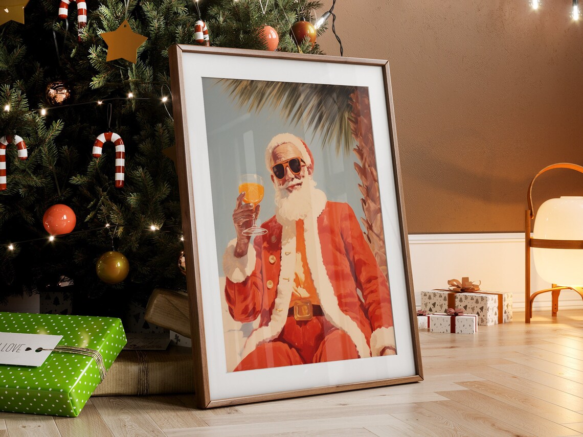 Cool Santa in Sunglasses with Tropical Cocktail Retro Art Poster - Image 3