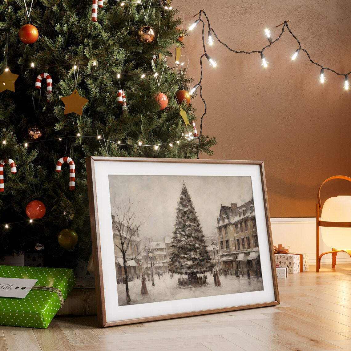 Vintage Christmas Tree in a Snowy Town Square Winter Scene Poster - Image 4