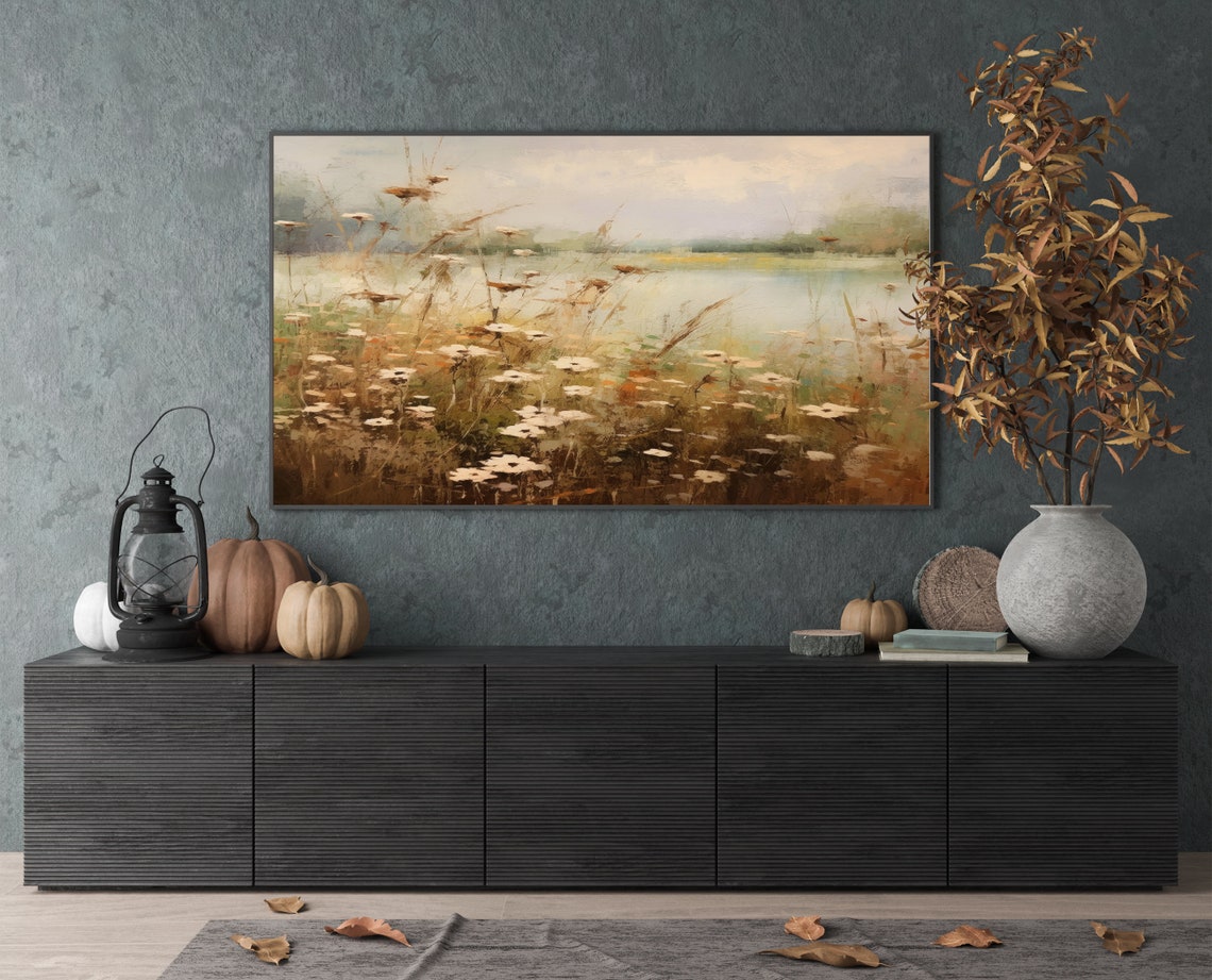 White Wildflowers Lakeshore Misty Impressionist Painting Wall Art - Image 4
