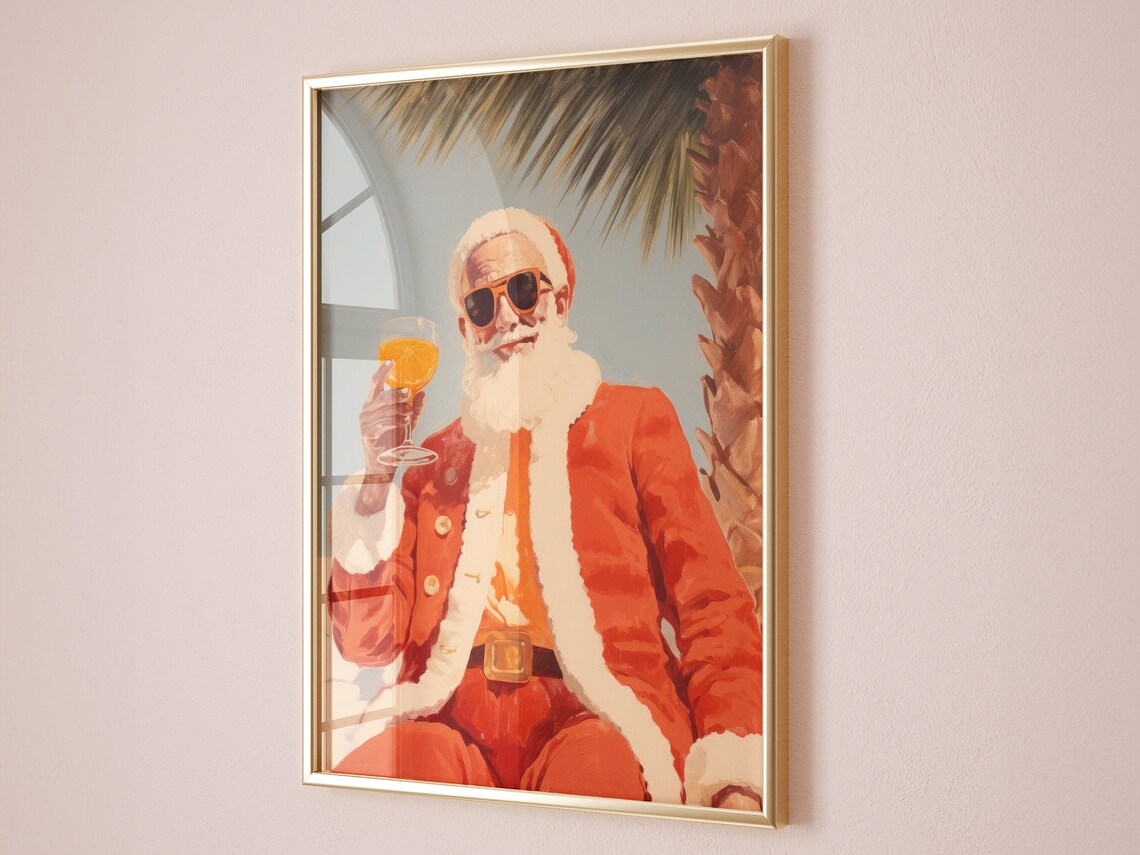 Cool Santa in Sunglasses with Tropical Cocktail Retro Art Poster