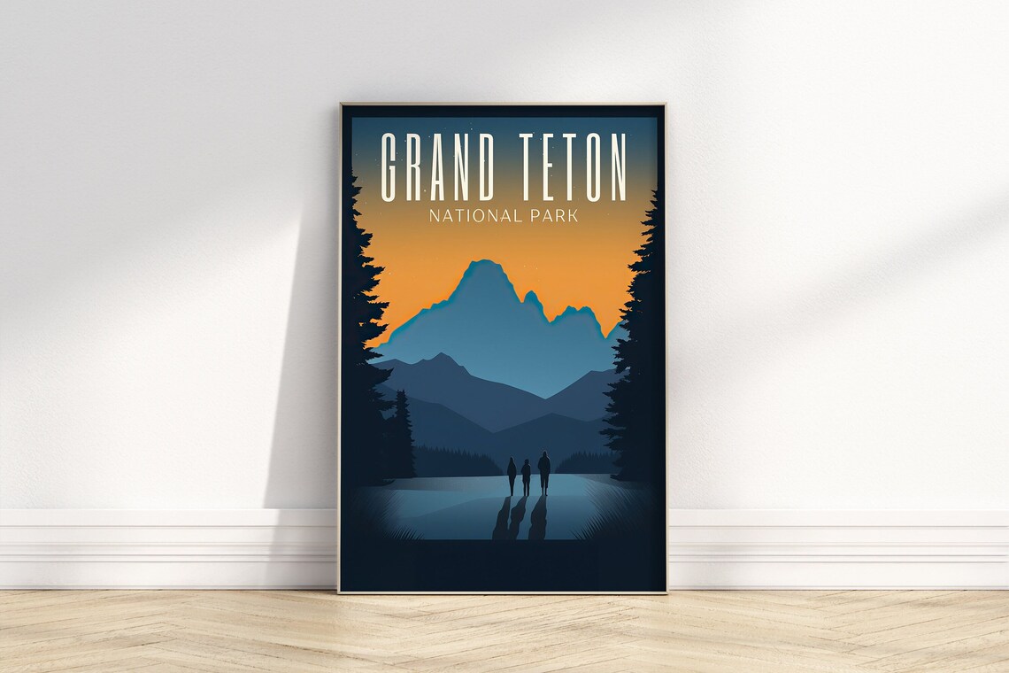 Grand Teton National Park Retro Sunset Mountain Hikers Poster