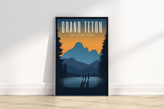 Grand Teton National Park Retro Sunset Mountain Hikers Poster