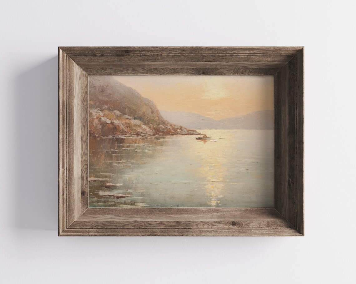 Serene Coastal Sunset Boat Calm Sea Vintage Oil Painting Poster - Image 2