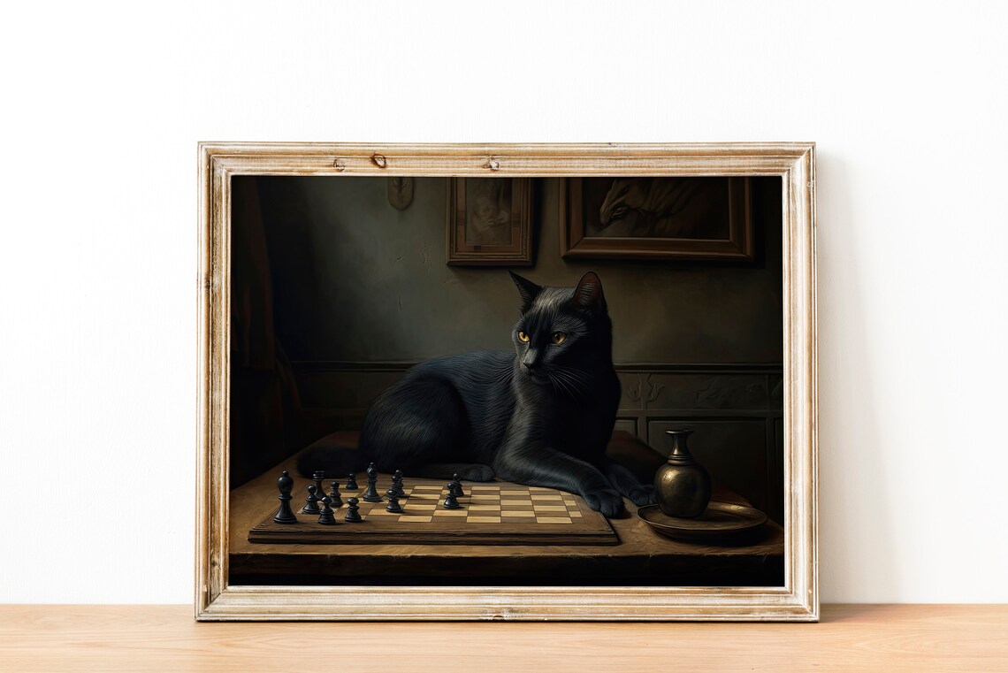 Black Cat Chess Game Moody Dark Academia Oil Painting Poster - Image 3